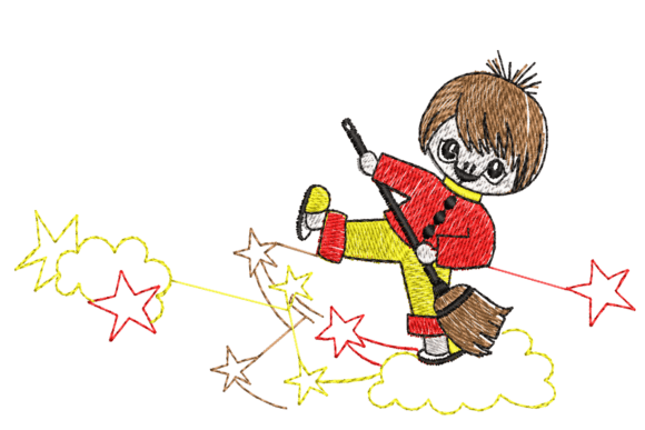 Cute Cartoon Kid on a Broom Embroidery