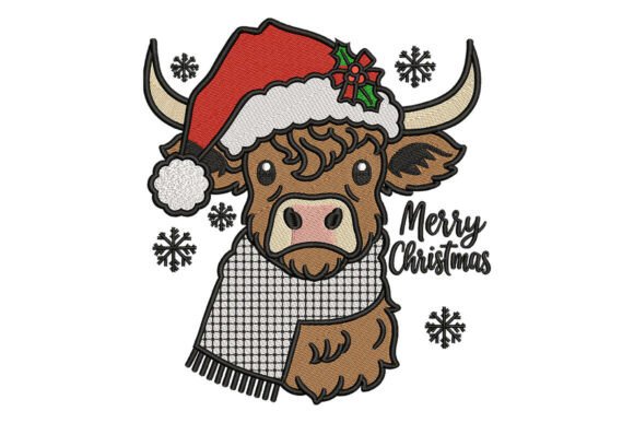 Highland Cow Merry Christmas Embroidery
