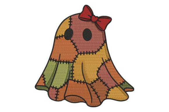 Patchwork Ghost with Bow Embroidery Design